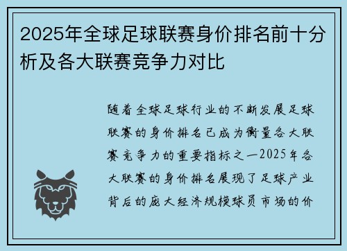 2025年全球足球联赛身价排名前十分析及各大联赛竞争力对比