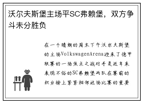 沃尔夫斯堡主场平SC弗赖堡，双方争斗未分胜负